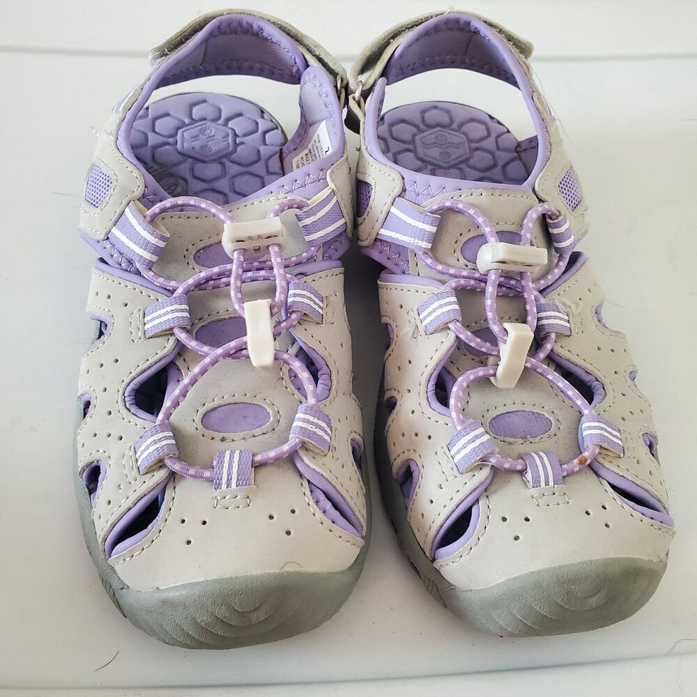 KHOMBU Girls Size 2 Gray Purple Closed Toe Water Sandals Hook & Loop Bungee